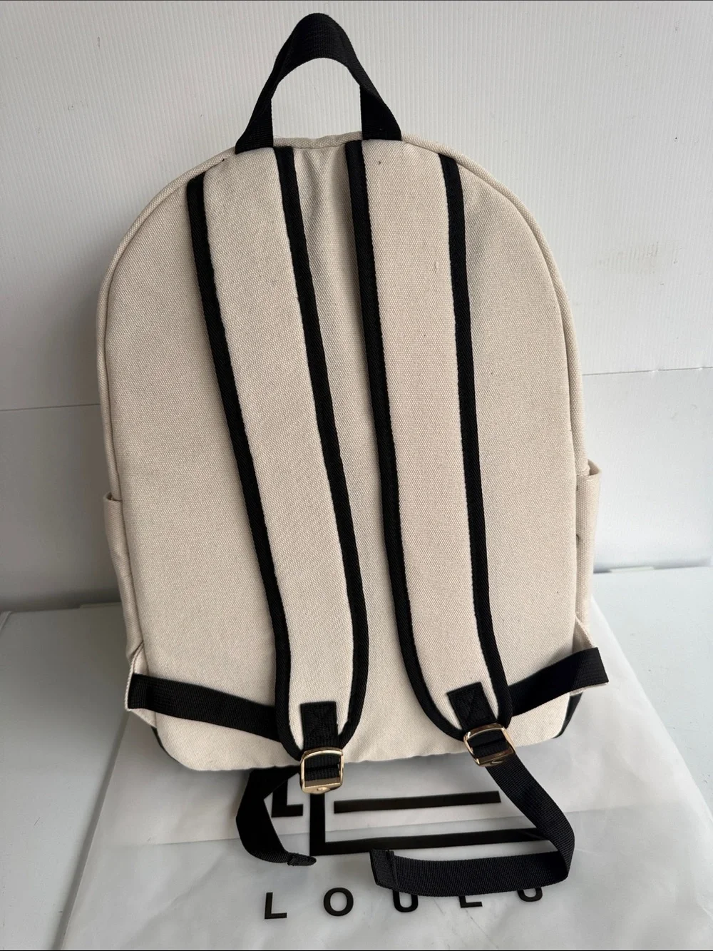 NEW LOULU CANVAS LAPTOP BACKPACK CREAM BLACK GOLD HARDWARE DAY PACK TRAVEL